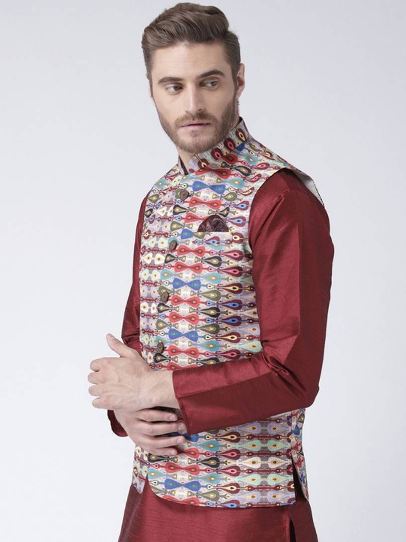 Men's Multicoloured 
Polyester
 Printed Nehru Jackets